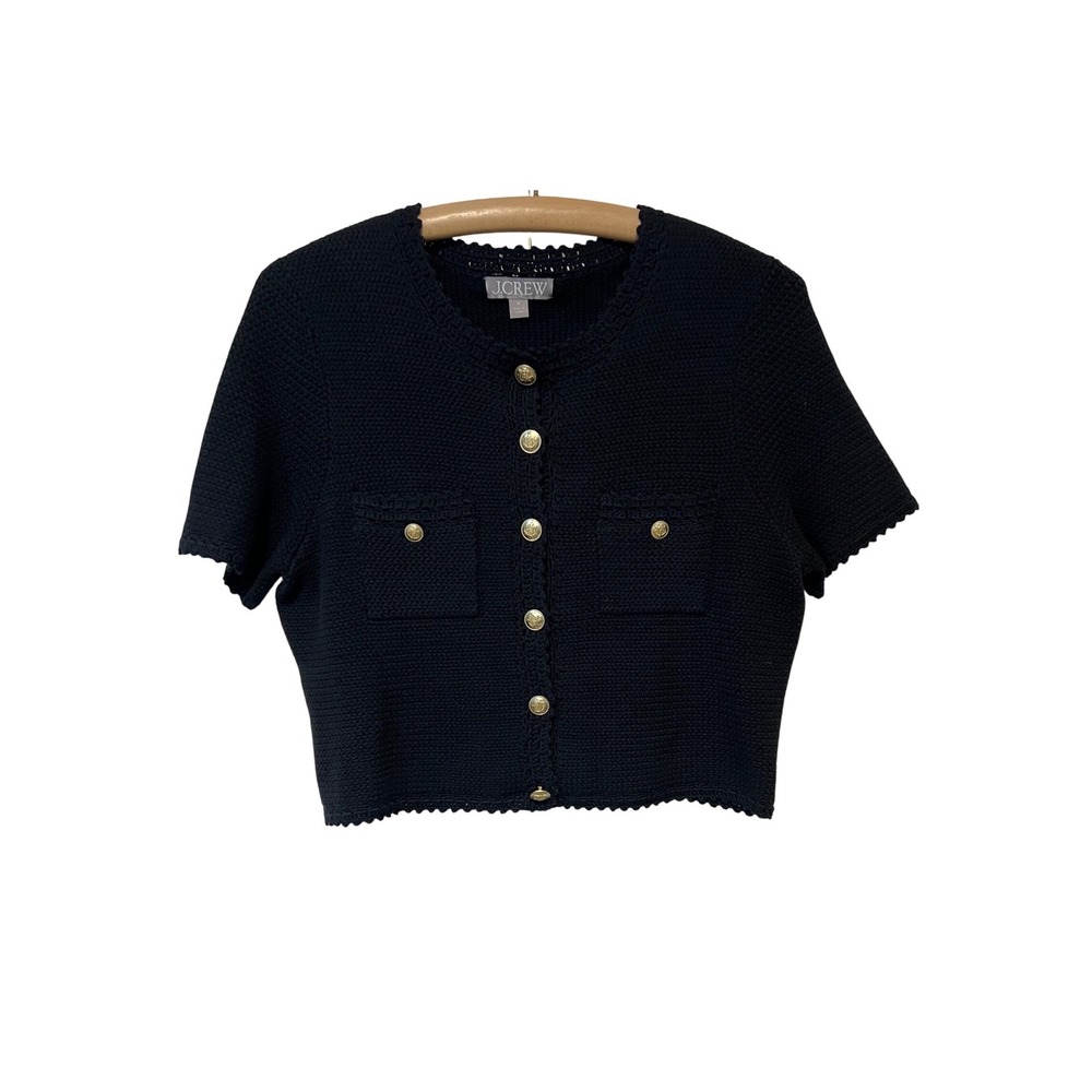 J.Crew Lady Cardigan Sweater Women Size M Blk Gold Button BZ513 Short Sleeve A44